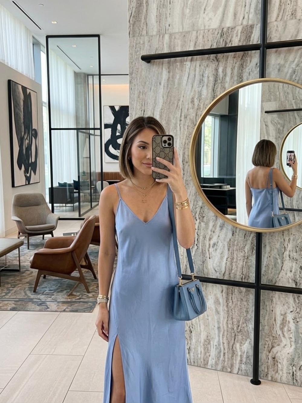 Express Light Blue Satin Maxi Slip Dress with Side Slit